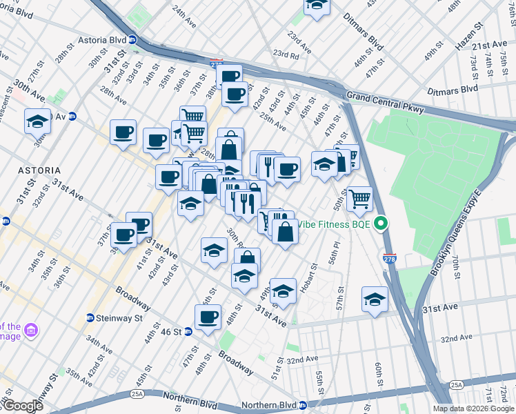 map of restaurants, bars, coffee shops, grocery stores, and more near 28-46 46th Street in Queens
