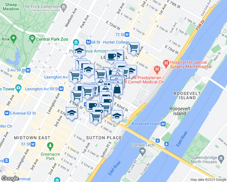 map of restaurants, bars, coffee shops, grocery stores, and more near 353 East 63rd Street in New York