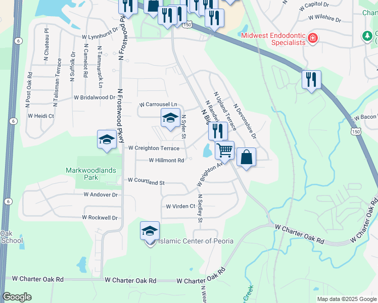 map of restaurants, bars, coffee shops, grocery stores, and more near 3903 Hillmont Court in Peoria
