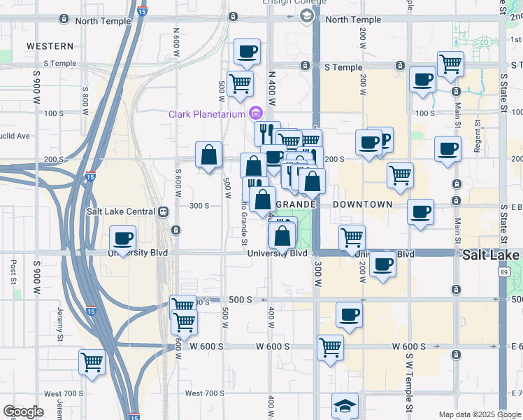 map of restaurants, bars, coffee shops, grocery stores, and more near 300 400 West in Salt Lake City
