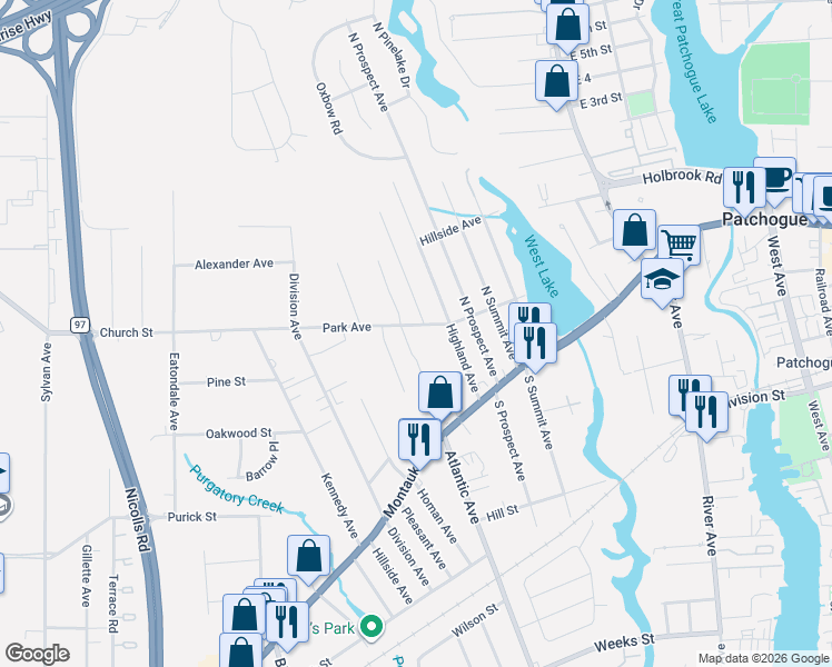 map of restaurants, bars, coffee shops, grocery stores, and more near 1 Hunting Hill Drive in Blue Point