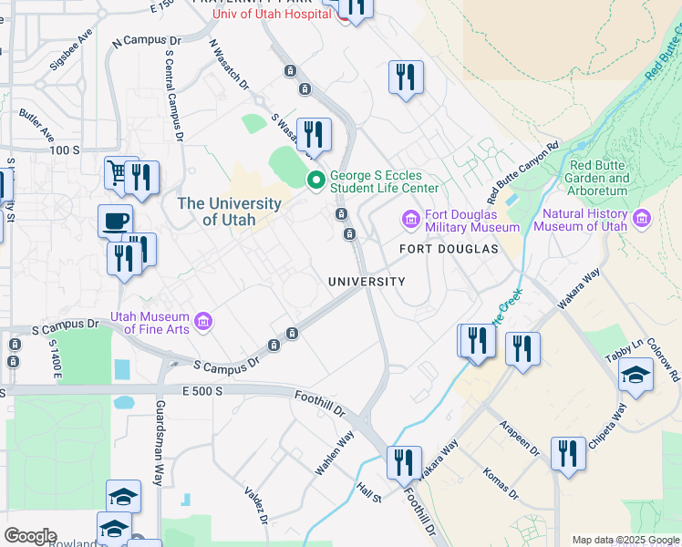 map of restaurants, bars, coffee shops, grocery stores, and more near 1901 East South Campus Drive in Salt Lake City