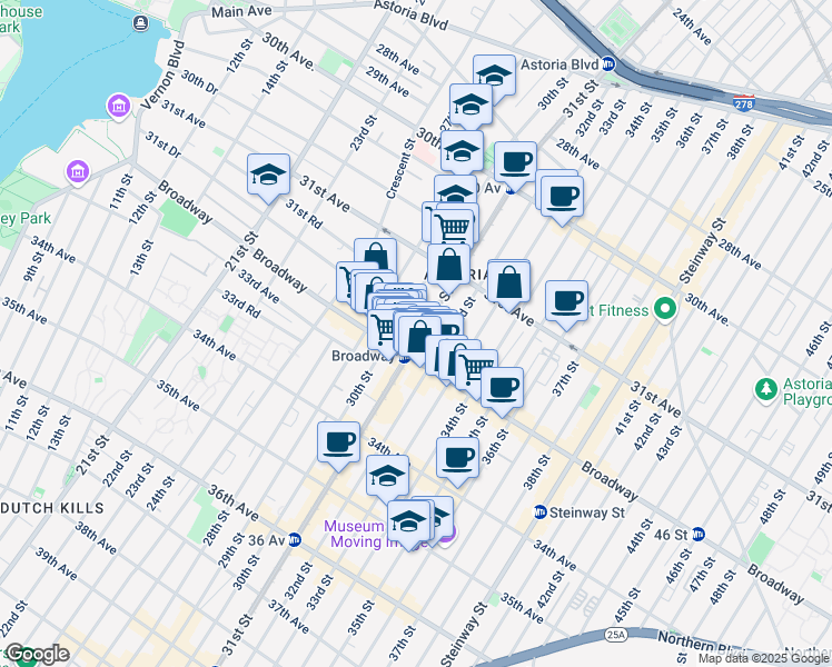 map of restaurants, bars, coffee shops, grocery stores, and more near 31-57 31st Street in Queens