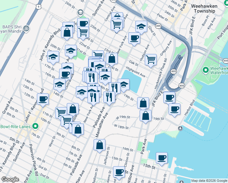 map of restaurants, bars, coffee shops, grocery stores, and more near 1812 Palisade Avenue in Union City