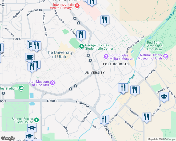 map of restaurants, bars, coffee shops, grocery stores, and more near 1645 Campus Center Drive in Salt Lake City