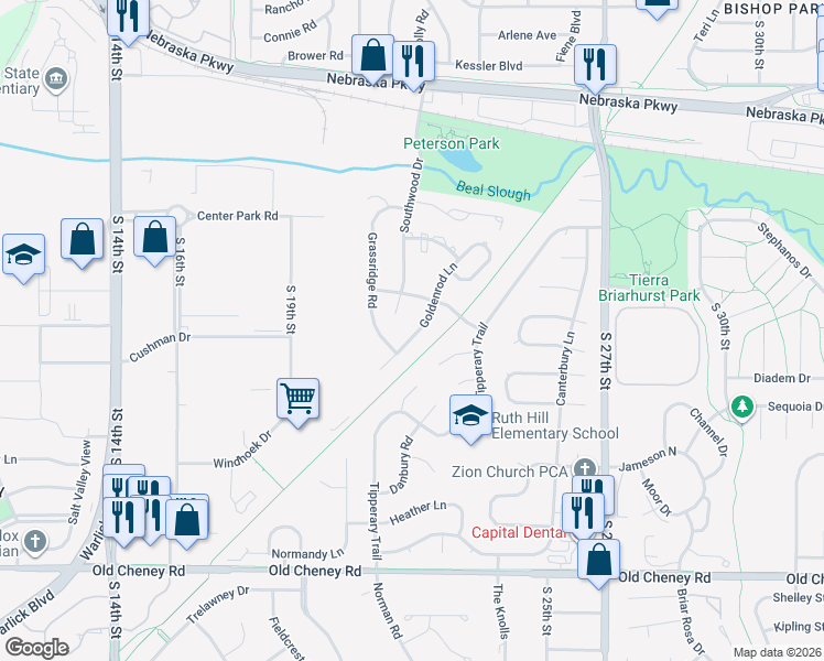 map of restaurants, bars, coffee shops, grocery stores, and more near 5101 Goldenrod Lane in Lincoln