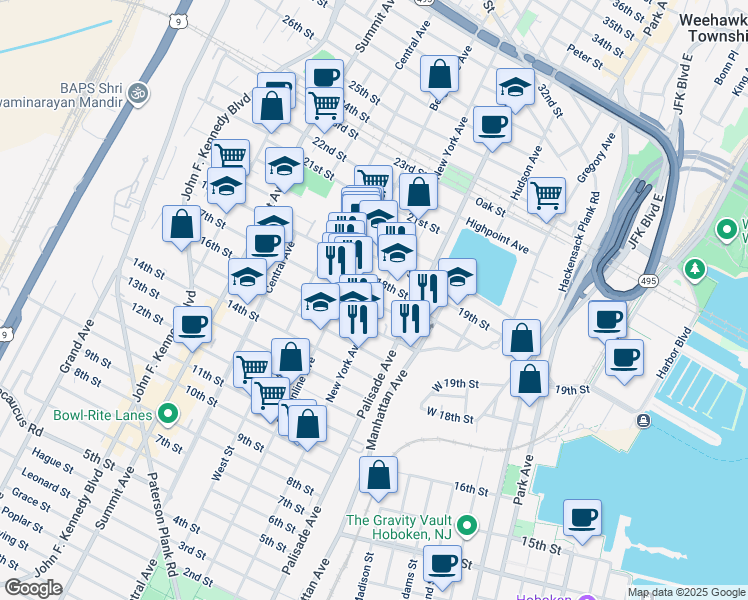map of restaurants, bars, coffee shops, grocery stores, and more near 1700 New York Avenue in Union City