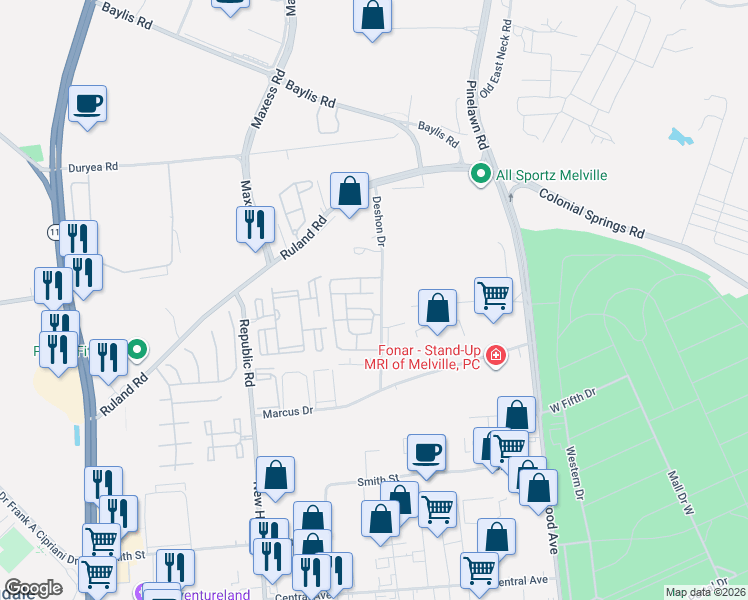 map of restaurants, bars, coffee shops, grocery stores, and more near 47 Clubhouse Circle in Melville