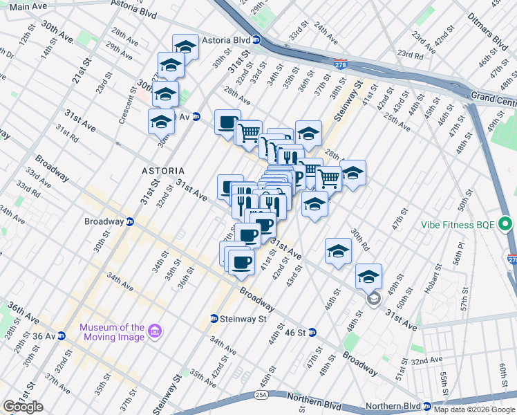 map of restaurants, bars, coffee shops, grocery stores, and more near 38-05 31st Avenue in Queens