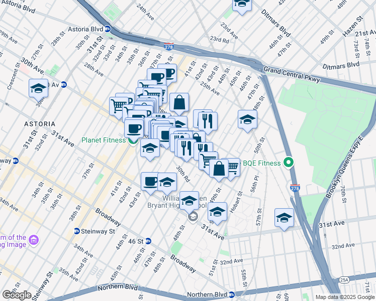 map of restaurants, bars, coffee shops, grocery stores, and more near 28-42 45th Street in Queens