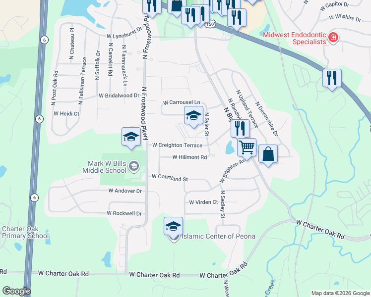 map of restaurants, bars, coffee shops, grocery stores, and more near 4034 West Creighton Terrace in Peoria
