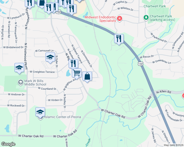 map of restaurants, bars, coffee shops, grocery stores, and more near 6011 North Devonshire Drive in Peoria