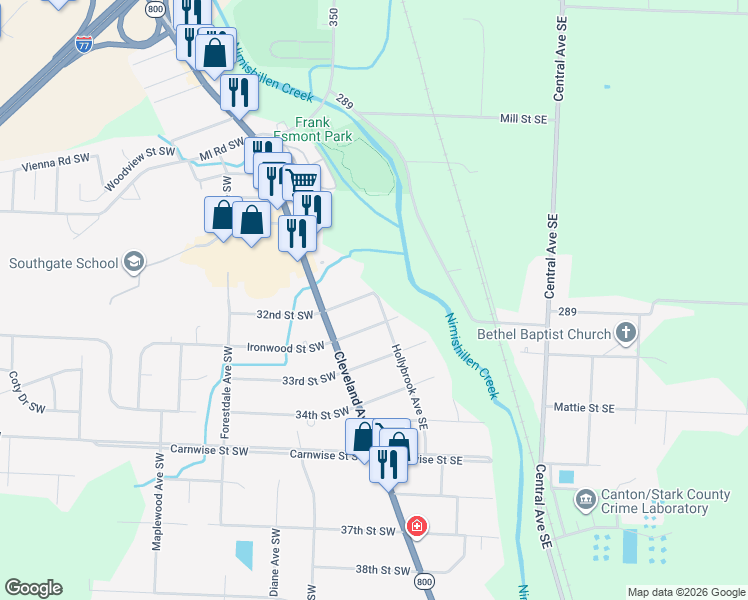 map of restaurants, bars, coffee shops, grocery stores, and more near 318 32nd Street Southeast in Canton