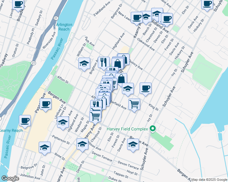 map of restaurants, bars, coffee shops, grocery stores, and more near 339 Kearny Avenue in Kearny