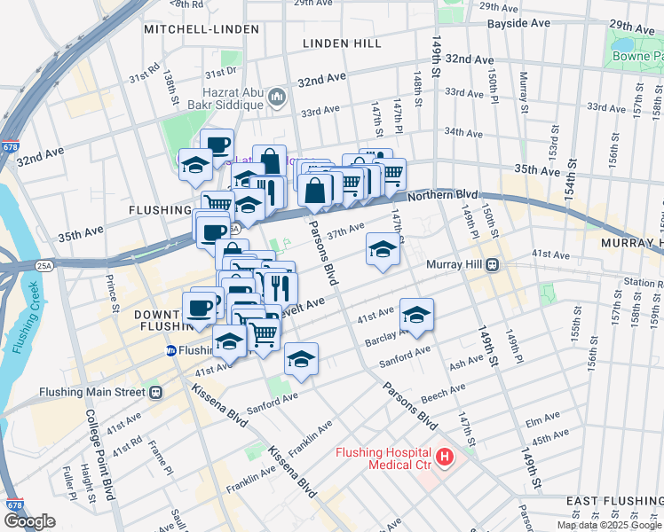 map of restaurants, bars, coffee shops, grocery stores, and more near 144-02 38th Avenue in Queens