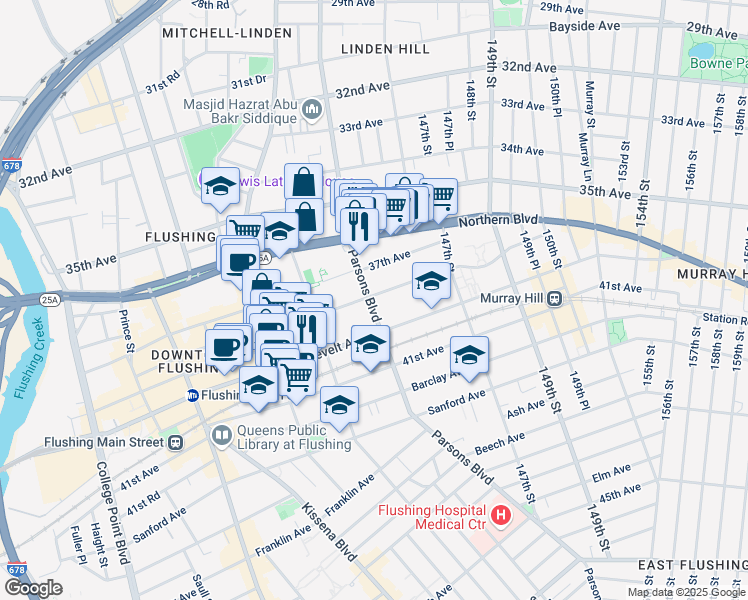 map of restaurants, bars, coffee shops, grocery stores, and more near 144-02 38th Avenue in Queens