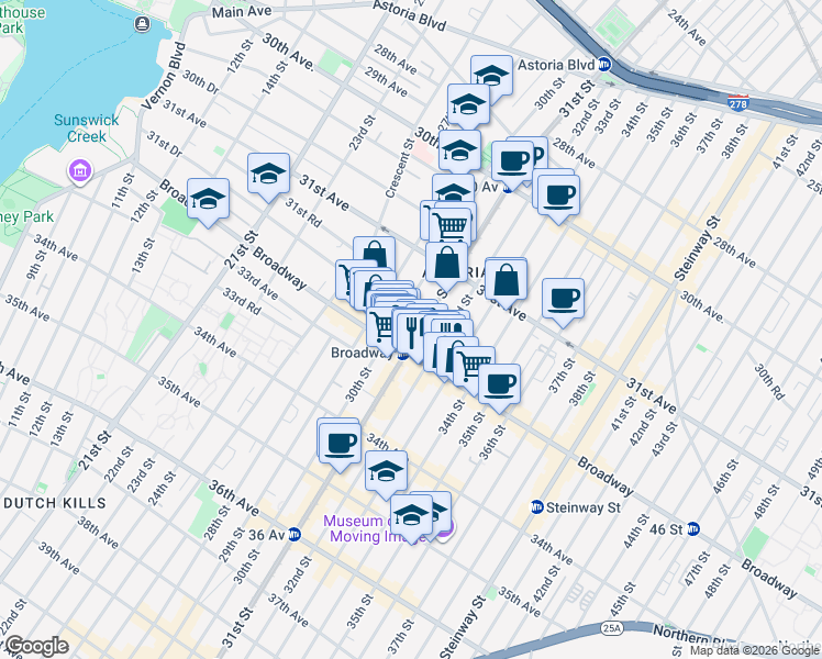 map of restaurants, bars, coffee shops, grocery stores, and more near 31-57 31st Street in Queens