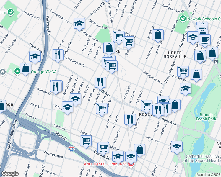 map of restaurants, bars, coffee shops, grocery stores, and more near 201 North 15th Street in East Orange