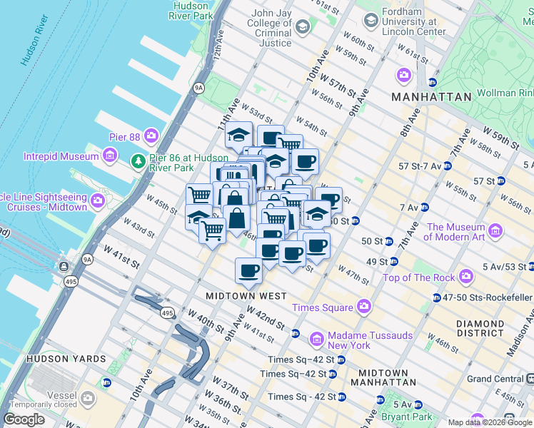 map of restaurants, bars, coffee shops, grocery stores, and more near 426 West 48th Street in New York