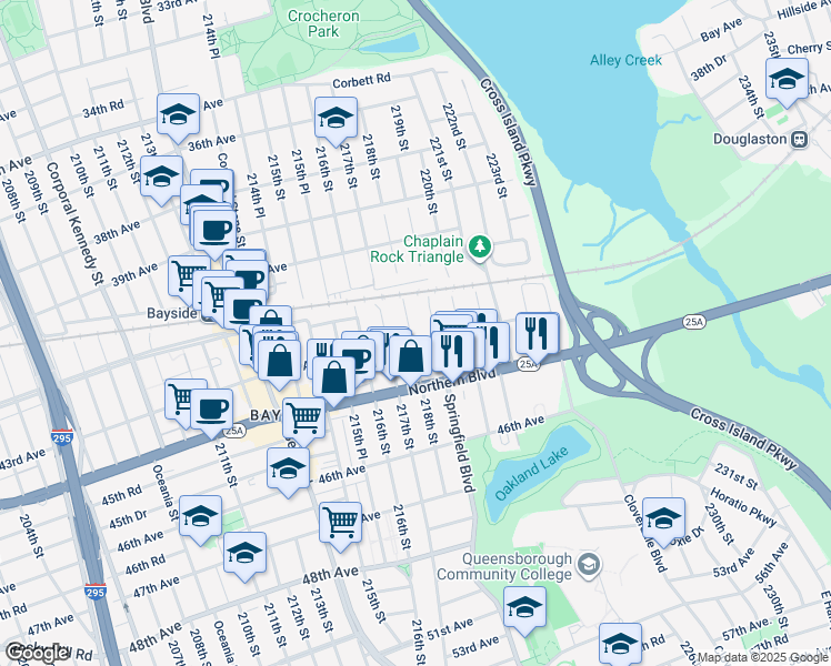 map of restaurants, bars, coffee shops, grocery stores, and more near 218-03 43rd Avenue in Queens