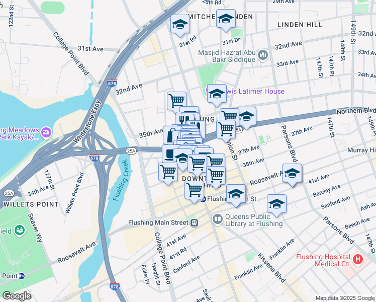 map of restaurants, bars, coffee shops, grocery stores, and more near 36-25 Main Street in Queens