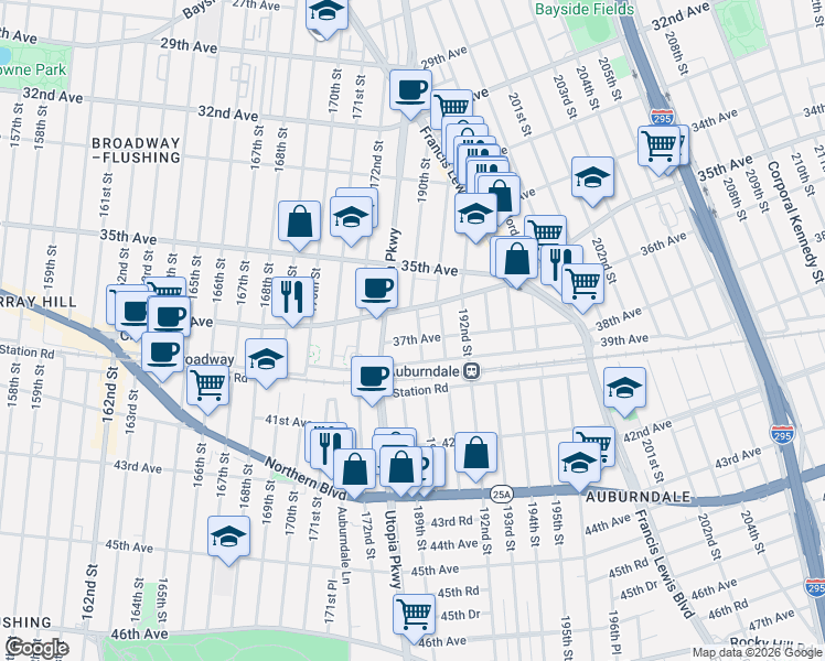 map of restaurants, bars, coffee shops, grocery stores, and more near 189-15 37th Avenue in Queens