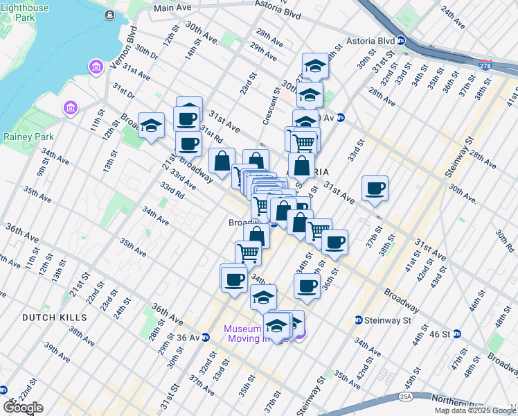 map of restaurants, bars, coffee shops, grocery stores, and more near 29-11 Broadway in Queens