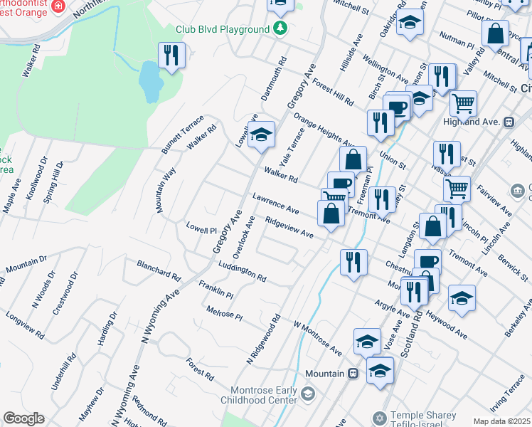 map of restaurants, bars, coffee shops, grocery stores, and more near 33 Overlook Avenue in West Orange