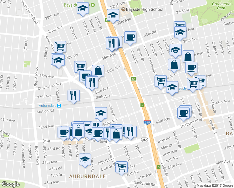 map of restaurants, bars, coffee shops, grocery stores, and more near 38-30 204th Street in Queens