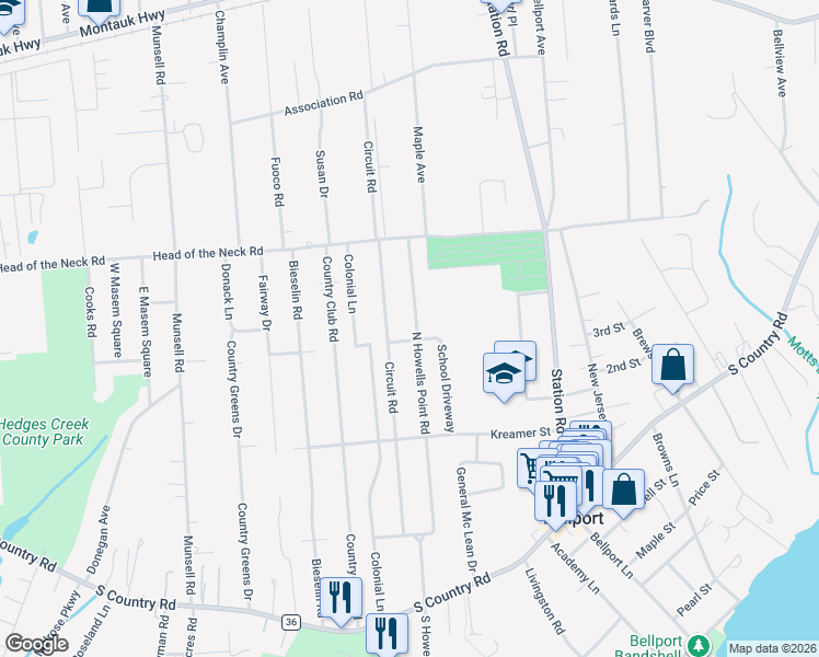 map of restaurants, bars, coffee shops, grocery stores, and more near 77 North Howells Point Road in Bellport
