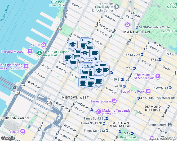 map of restaurants, bars, coffee shops, grocery stores, and more near in New York