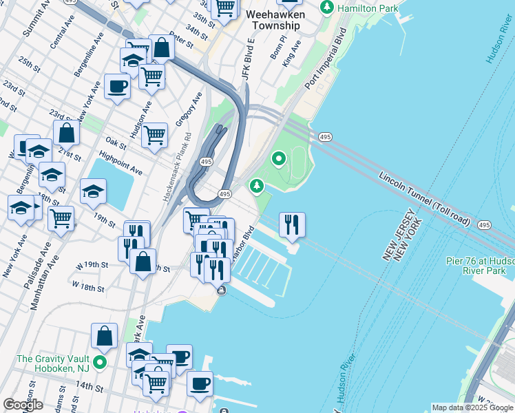 map of restaurants, bars, coffee shops, grocery stores, and more near in Weehawken Township