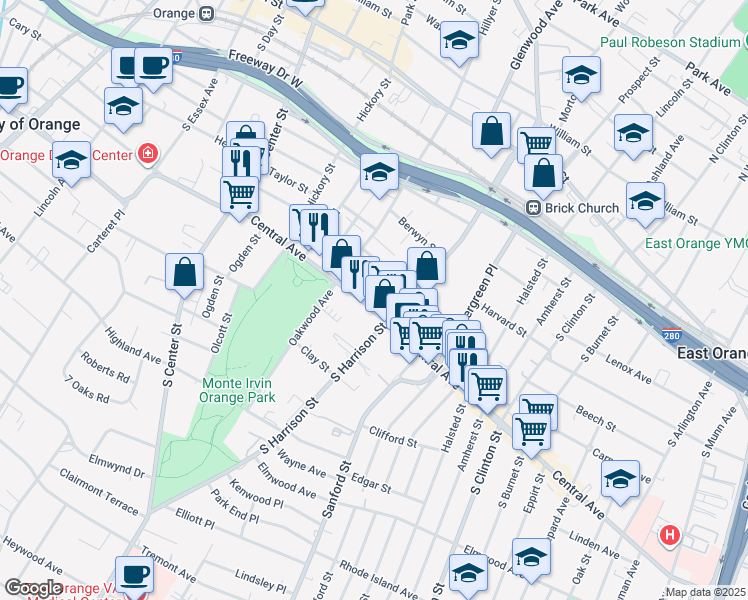 map of restaurants, bars, coffee shops, grocery stores, and more near 641 Central Avenue in East Orange