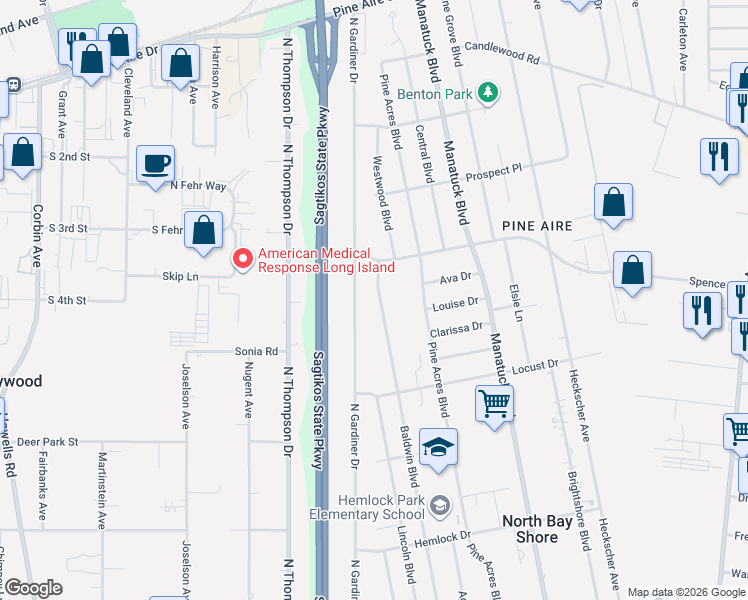map of restaurants, bars, coffee shops, grocery stores, and more near 1639 North Gardiner Drive in Bay Shore