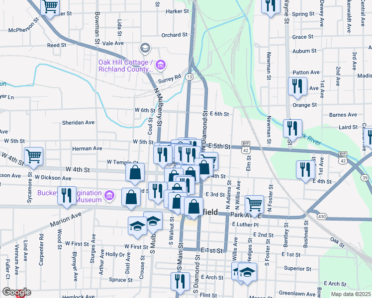 map of restaurants, bars, coffee shops, grocery stores, and more near 160 North Main Street in Mansfield