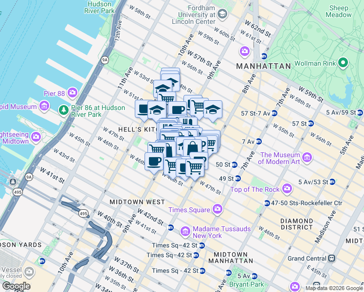 map of restaurants, bars, coffee shops, grocery stores, and more near 367 West 49th Street in New York
