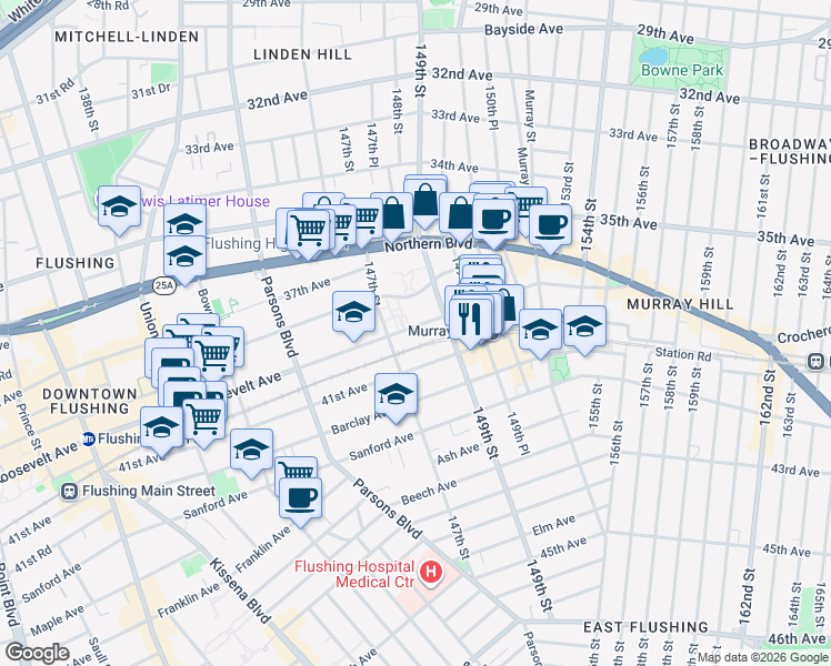 map of restaurants, bars, coffee shops, grocery stores, and more near 147-12 Roosevelt Avenue in Queens