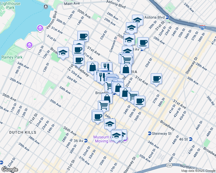 map of restaurants, bars, coffee shops, grocery stores, and more near 29-11 Broadway in Queens
