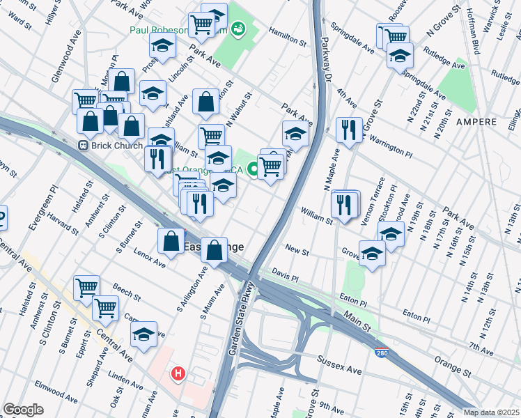 map of restaurants, bars, coffee shops, grocery stores, and more near 91 North Munn Avenue in East Orange