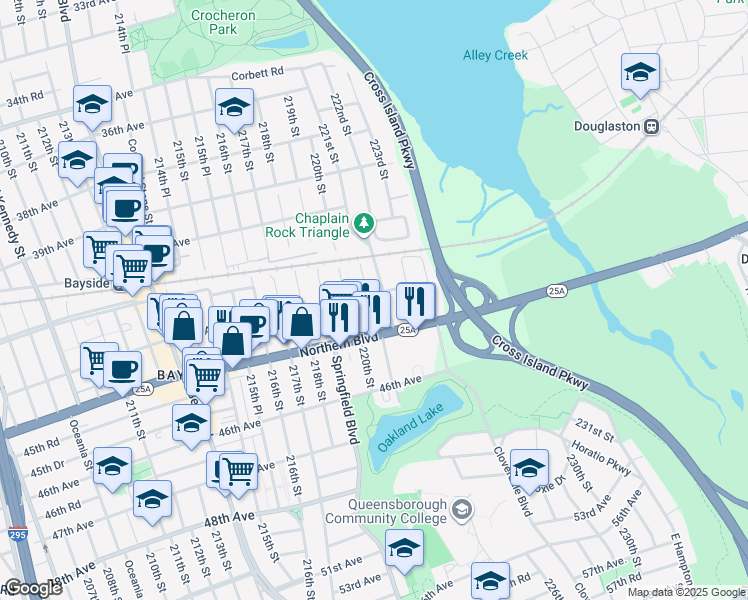 map of restaurants, bars, coffee shops, grocery stores, and more near 220-30 43rd Avenue in Queens