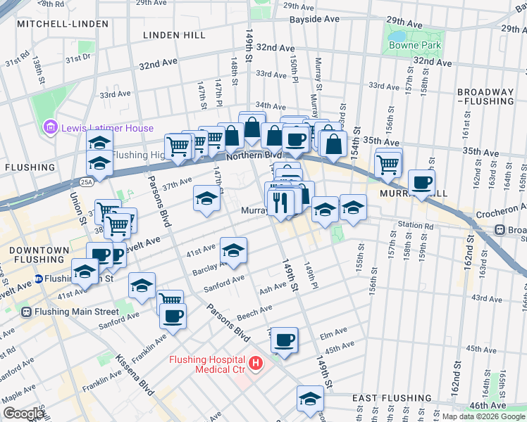 map of restaurants, bars, coffee shops, grocery stores, and more near 4012 149th Street in Queens