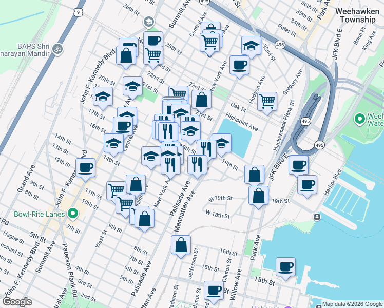 map of restaurants, bars, coffee shops, grocery stores, and more near 313 18th Street in Union City