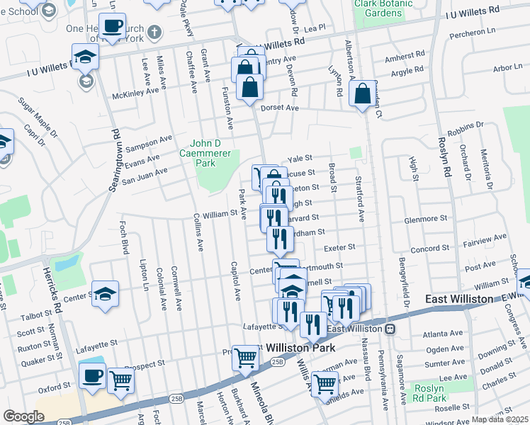 map of restaurants, bars, coffee shops, grocery stores, and more near 12 William Street in Williston Park