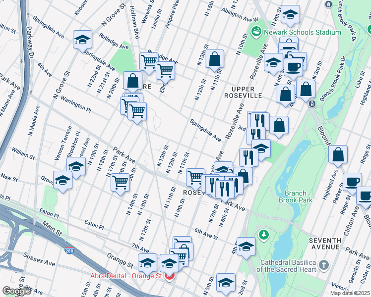 map of restaurants, bars, coffee shops, grocery stores, and more near 454 4th Avenue in Newark