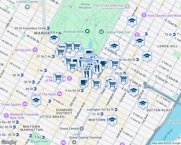 map of restaurants, bars, coffee shops, grocery stores, and more near 727 5th Avenue in New York