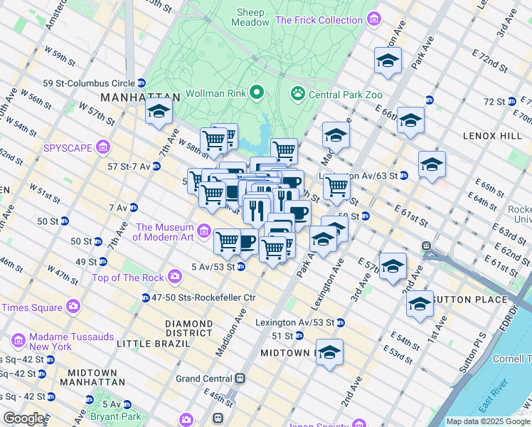 map of restaurants, bars, coffee shops, grocery stores, and more near 727 5th Avenue in New York
