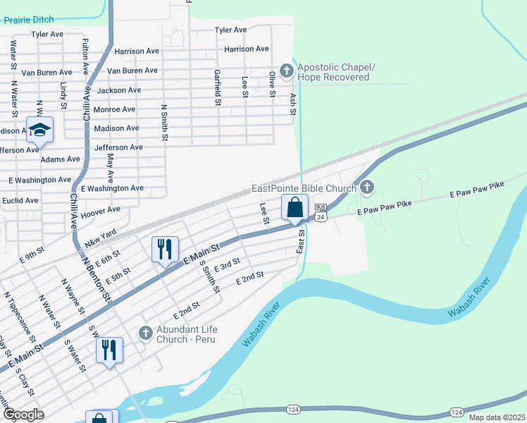 map of restaurants, bars, coffee shops, grocery stores, and more near 598 E 5th St in Peru