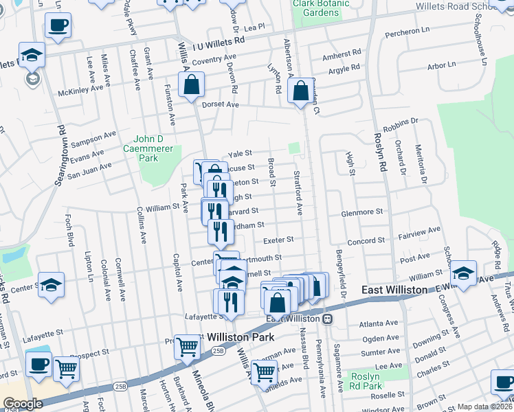 map of restaurants, bars, coffee shops, grocery stores, and more near 66 Harvard Street in Williston Park