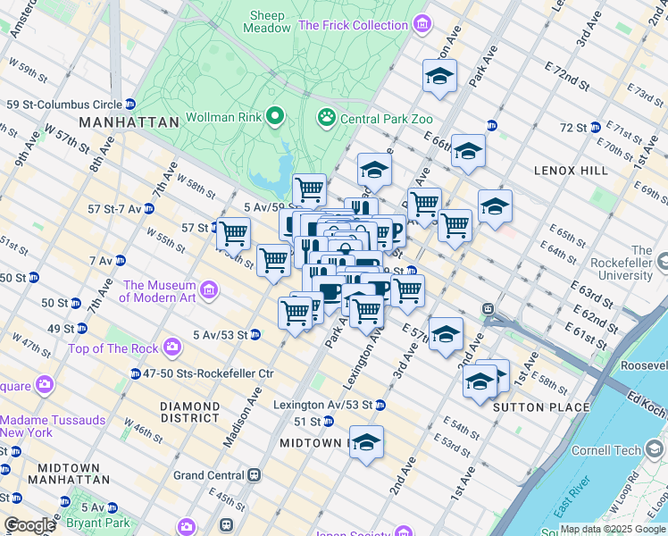 map of restaurants, bars, coffee shops, grocery stores, and more near 33 East 58th Street in New York