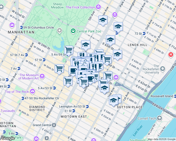 map of restaurants, bars, coffee shops, grocery stores, and more near 109 East 59th Street in New York